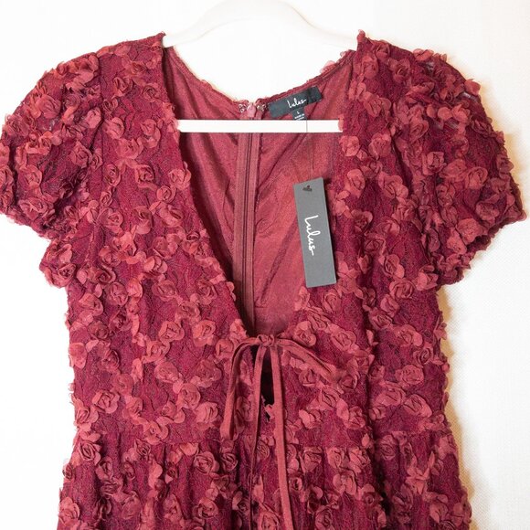 Lulus NWT Burgundy Lace Dress L | 3D Floral Appliqué Wedding Guest Outfit - Picture 8 of 15